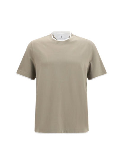 Cotton T-Shirt Two-Tone Hem Khaki/Pearl