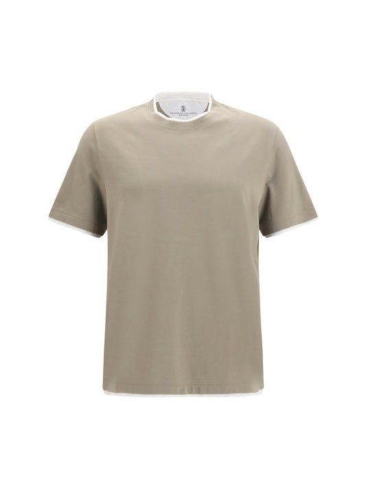 Cotton T-Shirt Two-Tone Hem Khaki/Pearl