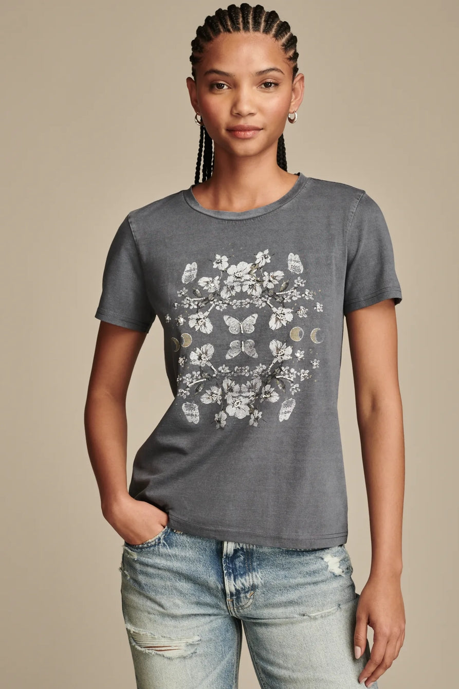 Lucky Brand Women's Mirror Floral Classic Crew - Dress Blues