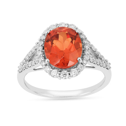 4.11 Ct Oval Lab Created Peach Sapphire and Moissanite Prong Silver Halo Statement Ring