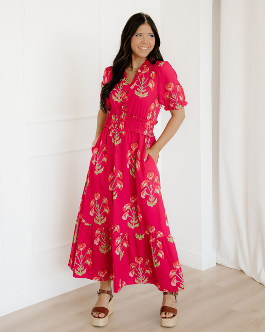 Neve Floral Print Frilled V Neck Short Sleeve Ruffle Maxi Dress