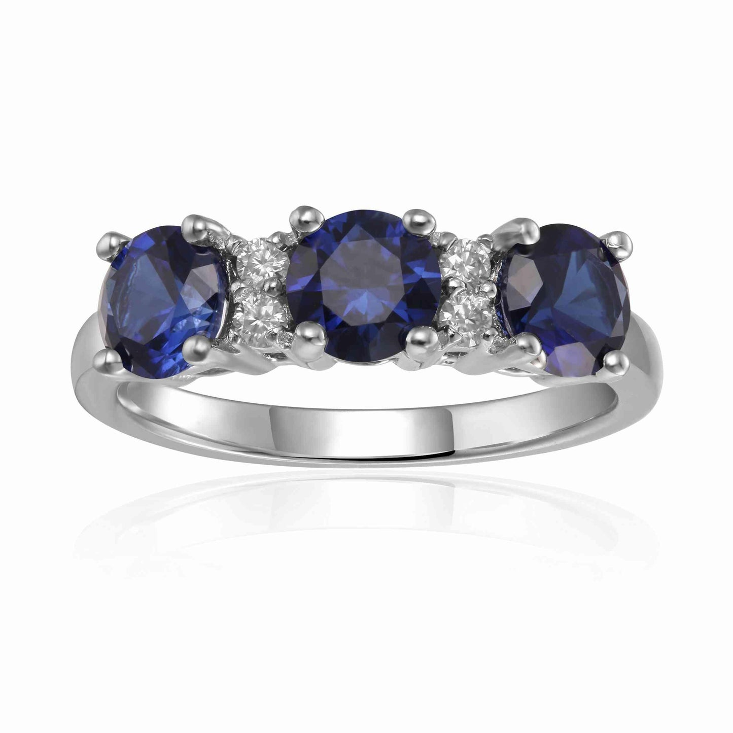 1.65 Ct Round Blue Sapphire Prong Silver Three Stone Ring