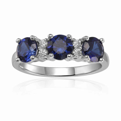 1.65 Ct Round Blue Sapphire Prong Silver Three Stone Ring