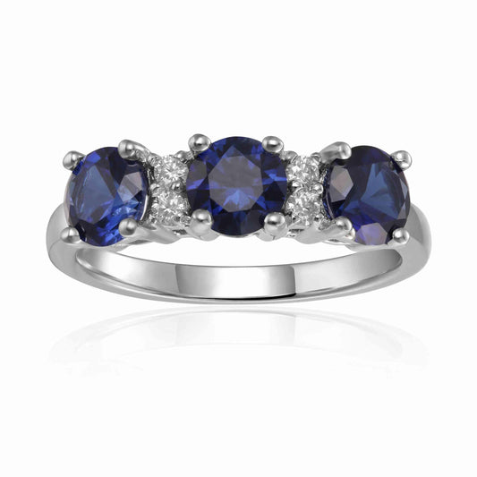 1.65 Ct Round Blue Sapphire Prong Silver Three Stone Ring