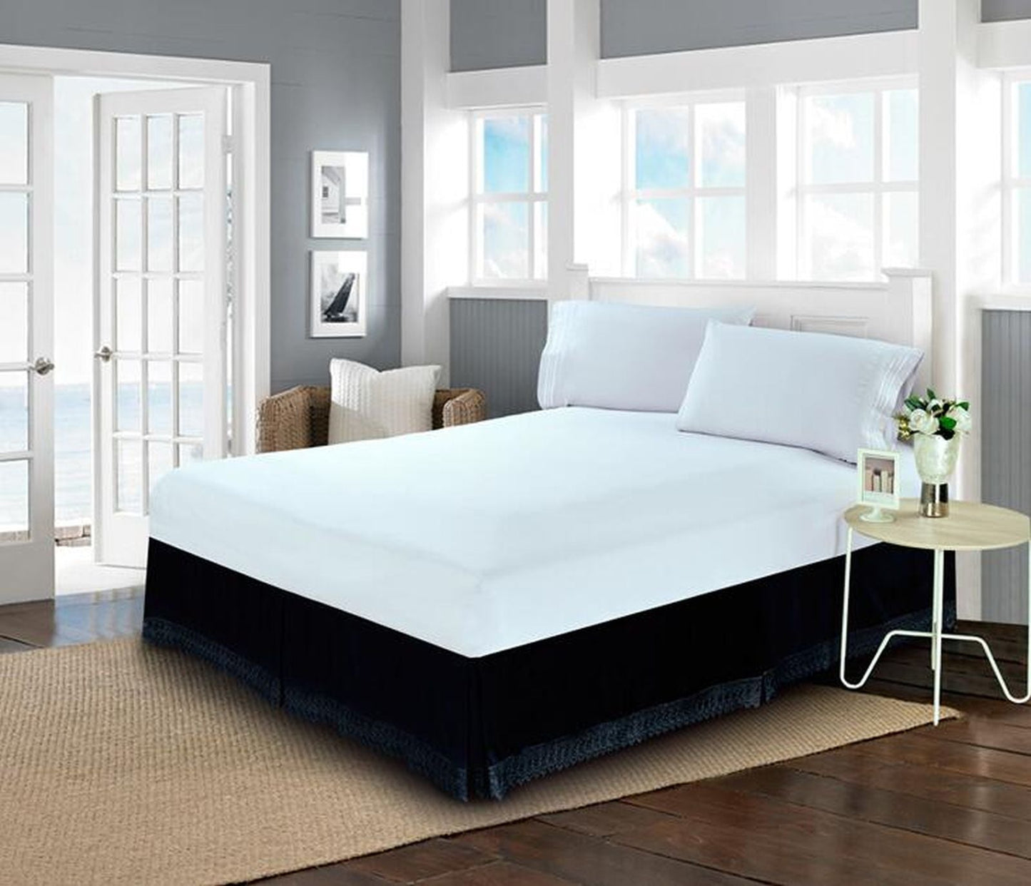 Mocassi Luxury Microfiber 1-Piece Lace Fringe Dust Ruffle/Bed Skirt  with 15inch Drop.