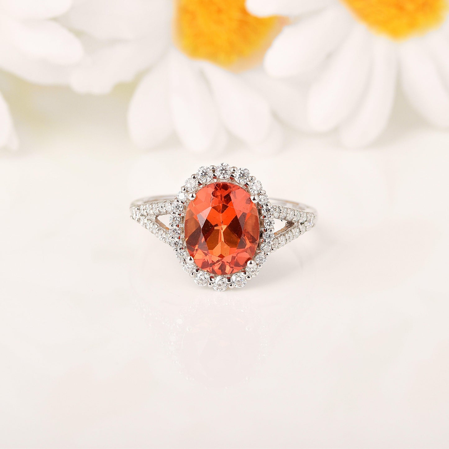 4.11 Ct Oval Lab Created Peach Sapphire and Moissanite Prong Silver Halo Statement Ring