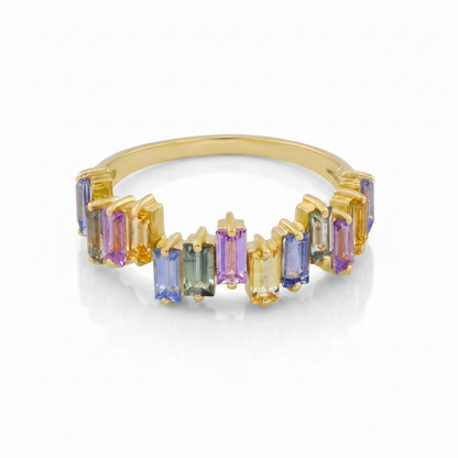 IGI Certified 1.02 Ct Baguette Multi Color Unheated Sapphire Prong 14K Yellow Gold Asymmetrical Engagement Ring