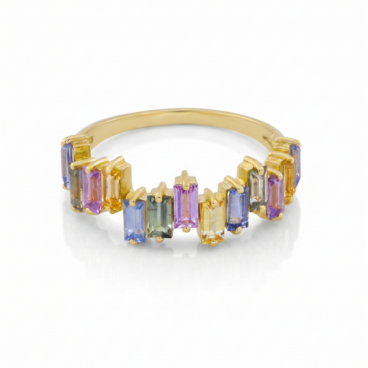IGI Certified 1.02 Ct Baguette Multi Color Unheated Sapphire Prong 14K Yellow Gold Asymmetrical Engagement Ring