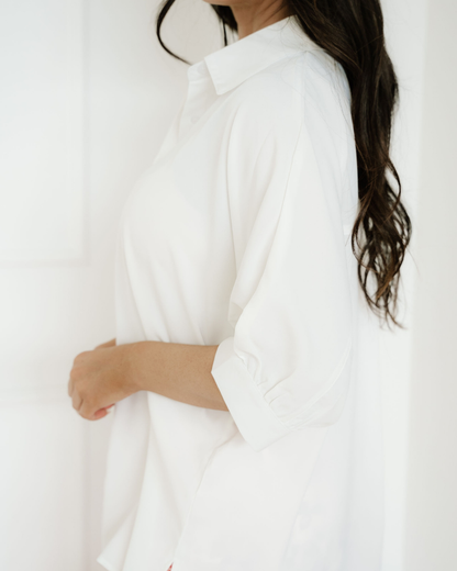 Wrenlee Plain 3/4 Batwing Sleeve Oversize Button Up Blouse - White