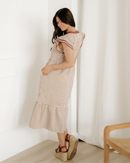 Nyla Double Ruffled Short Sleeve Contrast Trim V Neck Midi Dress - Brown