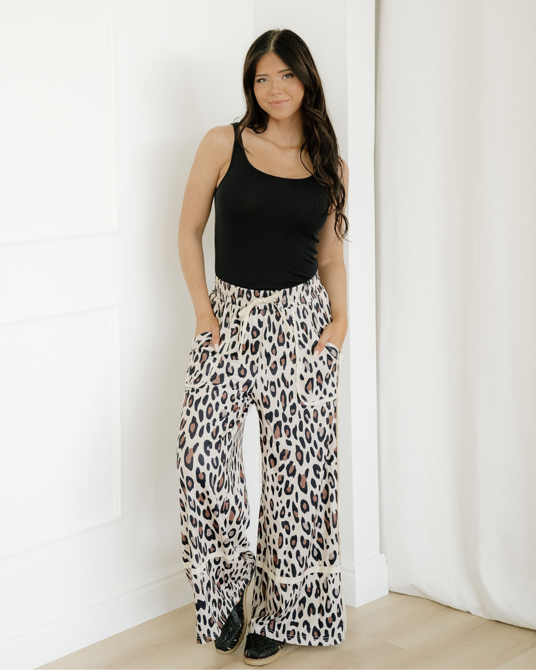 Kahlani Leopard Drawstring Wide Leg Cropped Pants