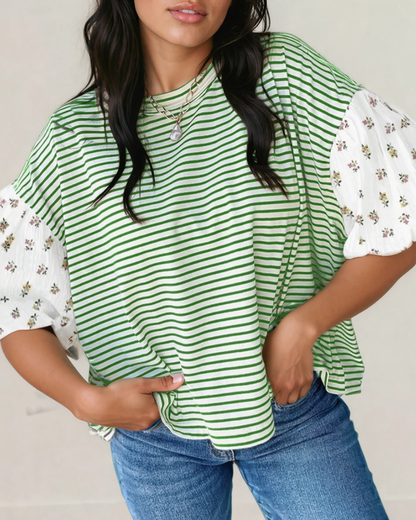 Aviva Puff Sleeve Patchwork Round Neck Loose Top - Green