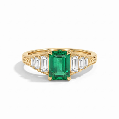 Octagon Sapphire, Emerald, Ruby and Lab Diamond 14K Yellow Gold Tapered Band Engagement Ring