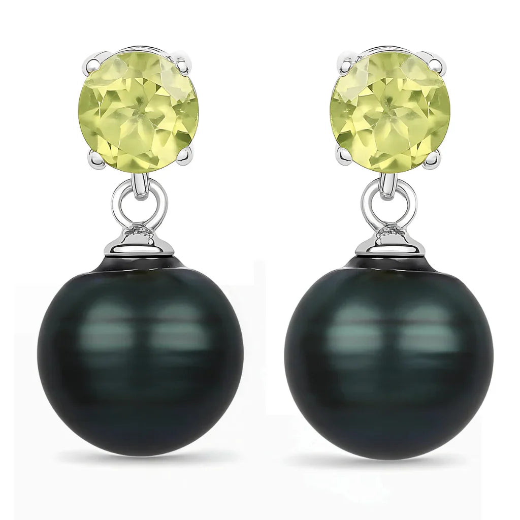 Round Black Tahitian Pearl Prong Rhodium Plated Silver Drop Dangle Earrings
