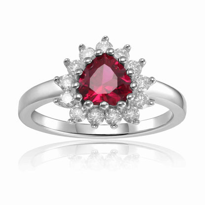 0.94 Ct Heart Red Lab Created Ruby Prong Silver Halo Ring