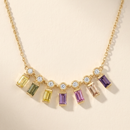 IGI Certified 0.65 Ct Baguette Multi Color Unheated Sapphire Diamond 14K Gold Rainbow Dangler Bar Necklace
