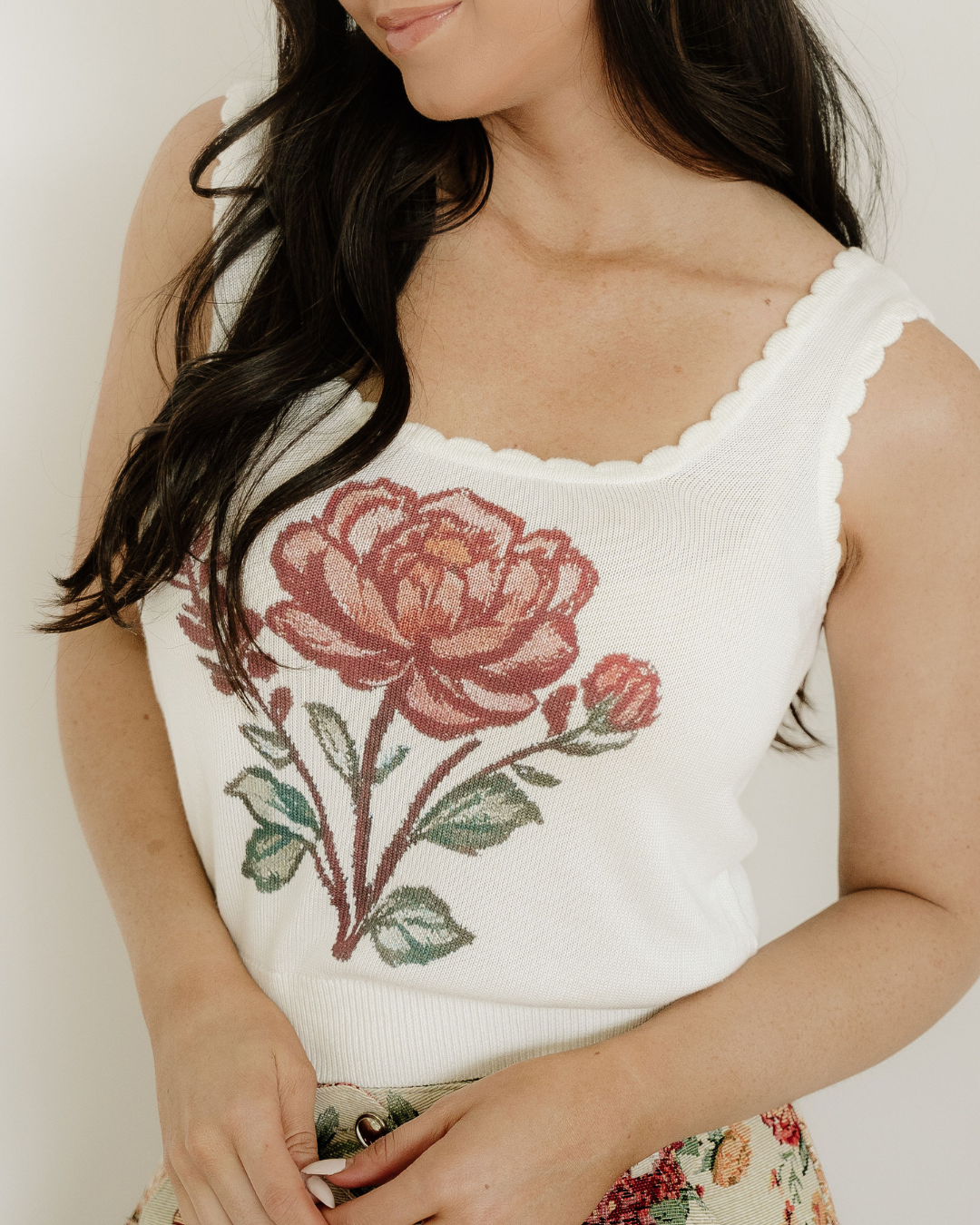 Kahlani Retro Floral Print Scalloped Square Neck Knit Sweater Vest