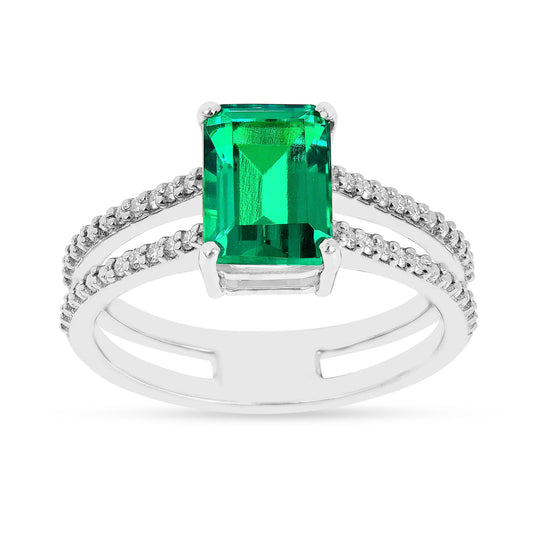 1.92 Ct Octagon Green Colombian Lab Created Emerald and Moissanite Prong Silver Double Band Ring