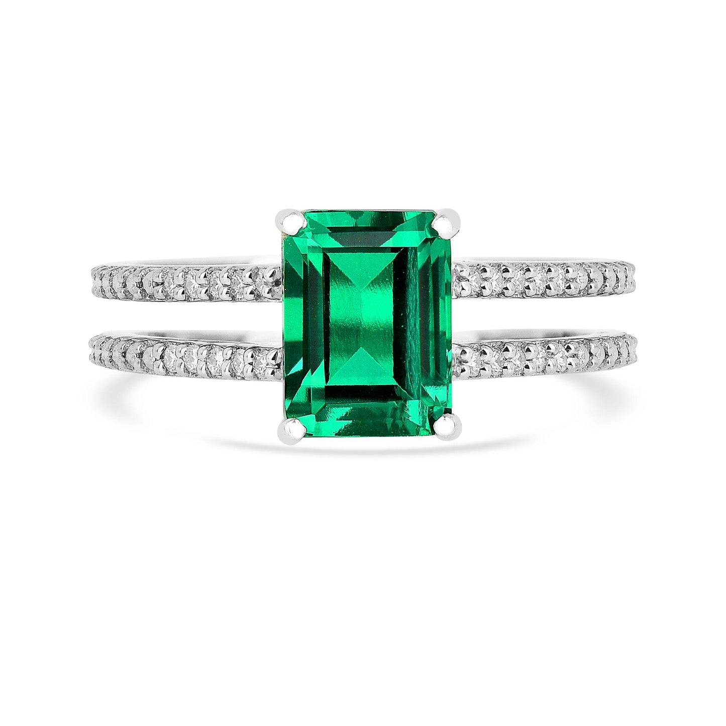 1.92 Ct Octagon Green Colombian Lab Created Emerald and Moissanite Prong Silver Double Band Ring