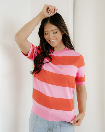 Striped Knitted Sweater Tee - Pink