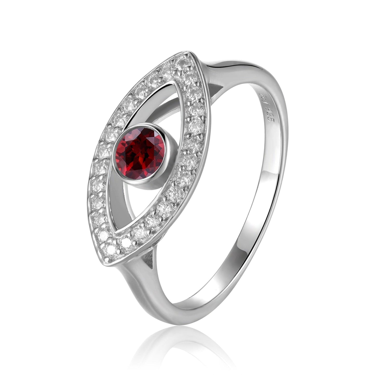 1.30 Ct Round Red Garnet Bezel Silver Evil Eye Ring