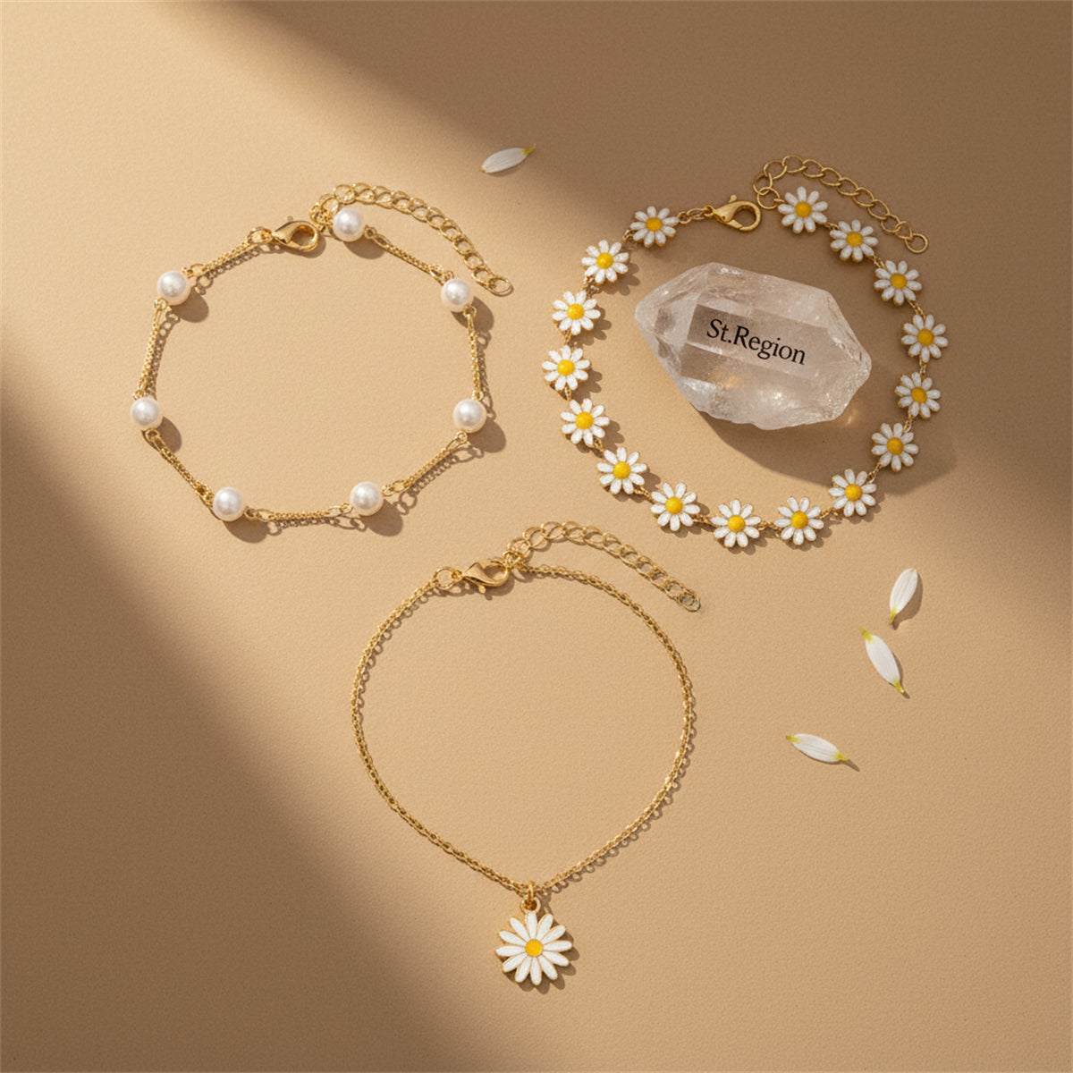White Enamel & Pearl Goldtone Mum Station Anklet Set