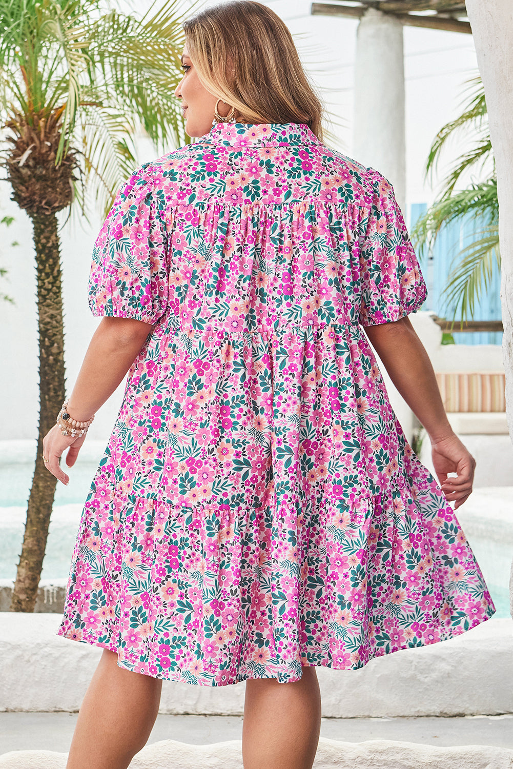 Threaded Pear Mariana Plus Size Floral Puff Sleeve A-line Dress