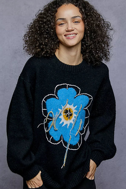 POL Floral Pattern Round Neck Sweater with Exposed Stitching