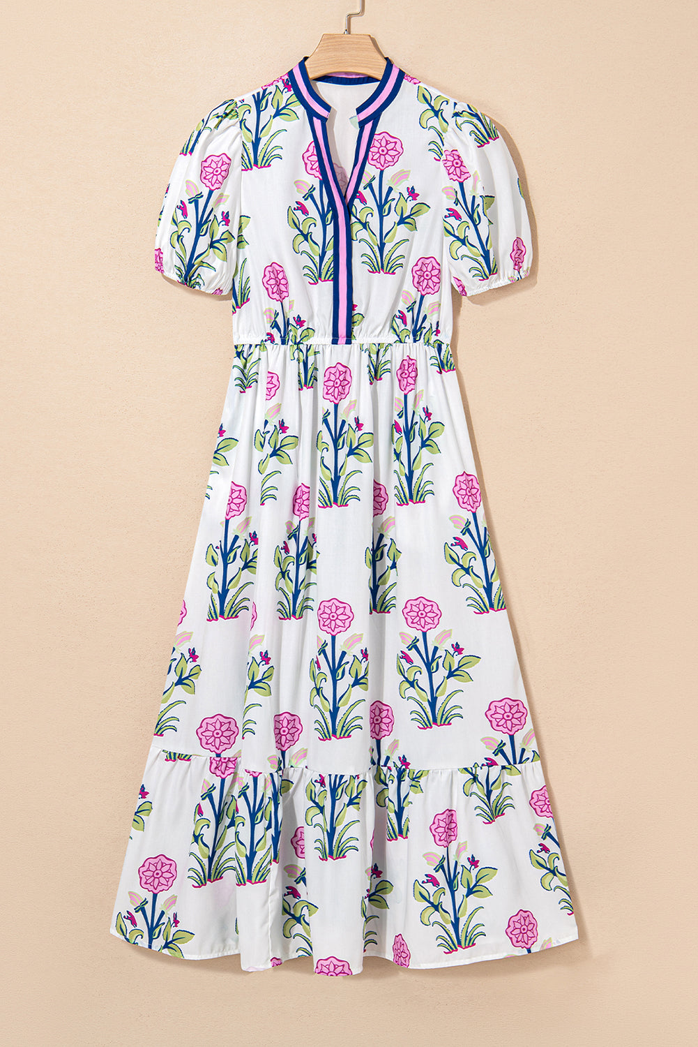 Threaded Pear Julietta Floral Puff Short Sleeve V Neck High Waist Maxi Dress