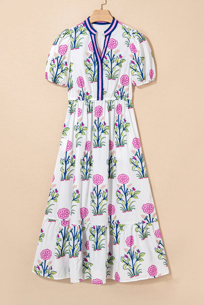 Threaded Pear Julietta Floral Puff Short Sleeve V Neck High Waist Maxi Dress