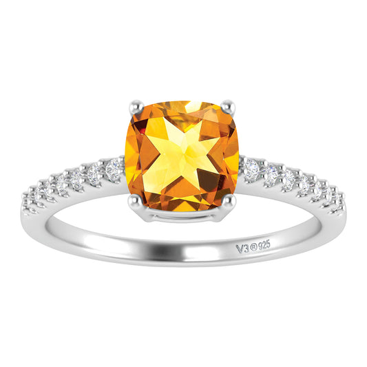 Sterling Silver Cushion 1.00 CTTW Natural Citrine and White Topaz Engagement Ring