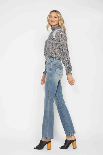 Judy Blue Full Size Tummy Control Back Embroidered Pocketed Bootcut Jeans Plus Size