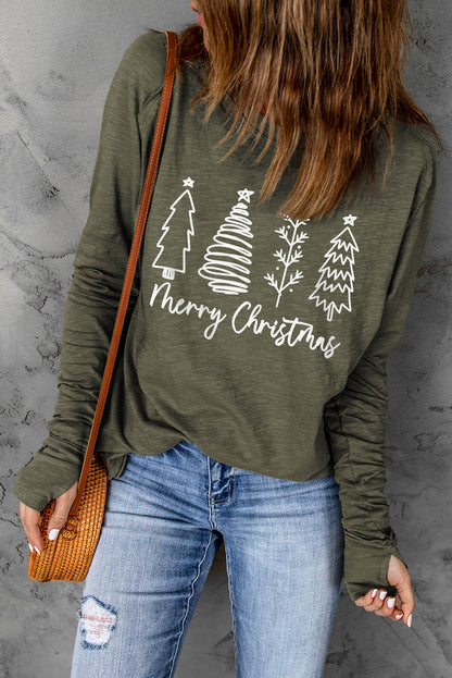 Threaded Pear Thea Merry Christmas Trees Thumbhole Sleeve Graphic Tee