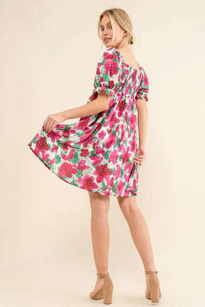 And The Why Smocked Floral Ruffle Short Sleeve Mini Dress