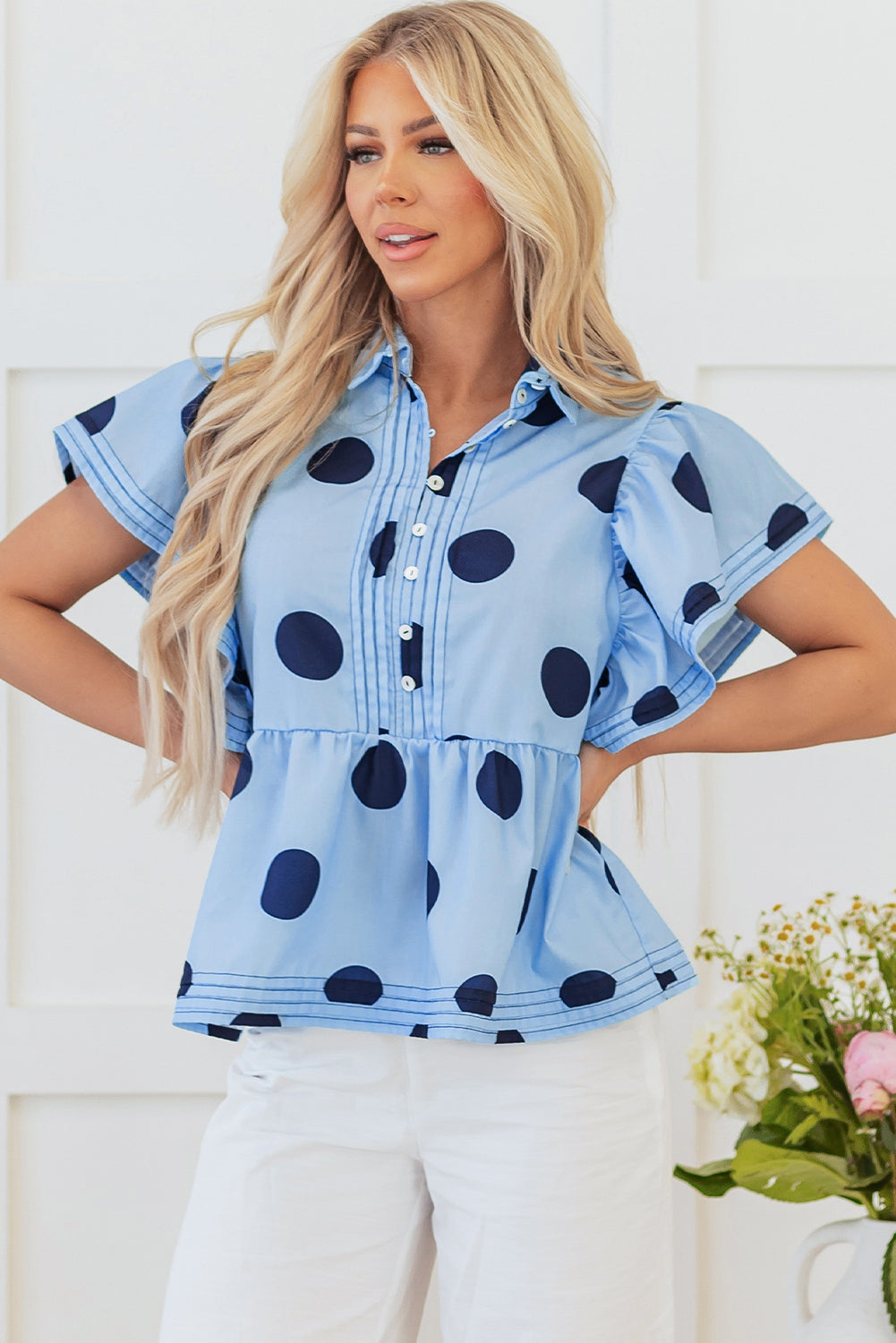Threaded Pear Journey Polka Dot Buttoned Blouse