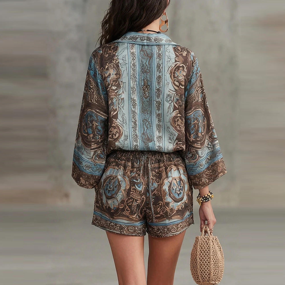 Women's Baroque Medallion Print Batwing Shirt & Shorts Set