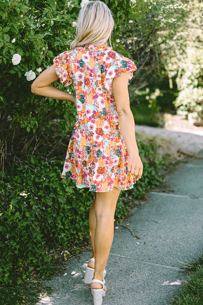 Threaded Pear August Floral Print Split Neck Flutter Sleeve Dress