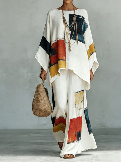 Floral Print Bamboo Linen Two-Piece Set with Wide-Leg Pants