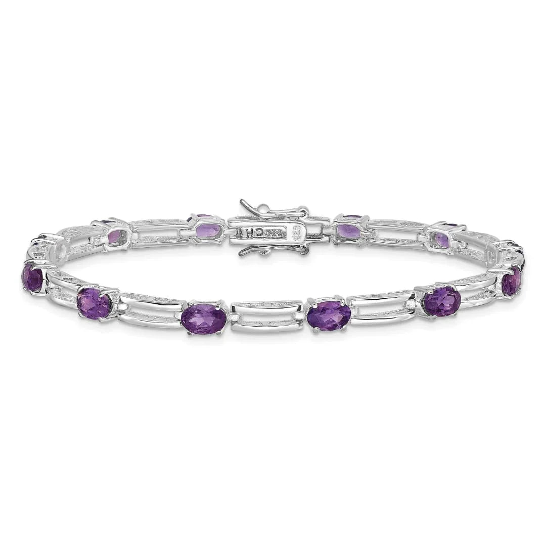 Oval Purple Amethyst Prong Rhodium Plated Sterling Silver Bar Link Bracelet