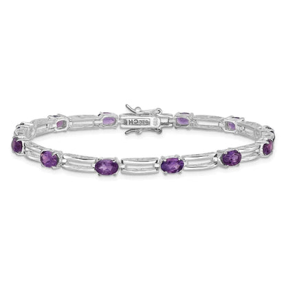 Oval Purple Amethyst Prong Rhodium Plated Sterling Silver Bar Link Bracelet