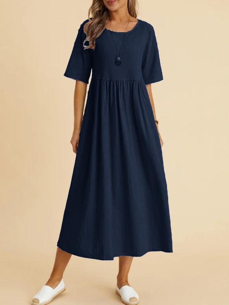 Plus Size Cotton Linen Midi Dress | Round Neck Pocket Dress
