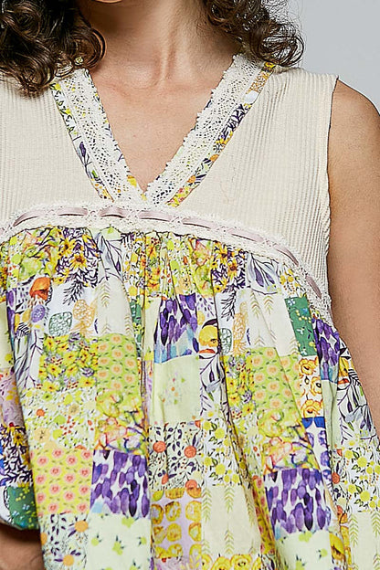 POL Floral V-Neck Sheer Tank with Lace Trim
