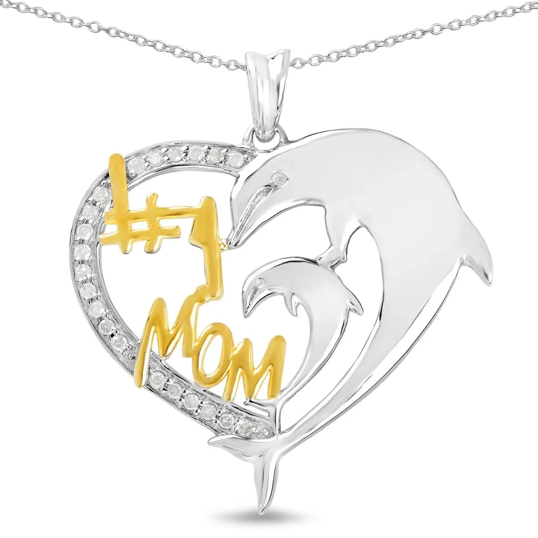 Round White Diamond Mom Heart Charm Necklace