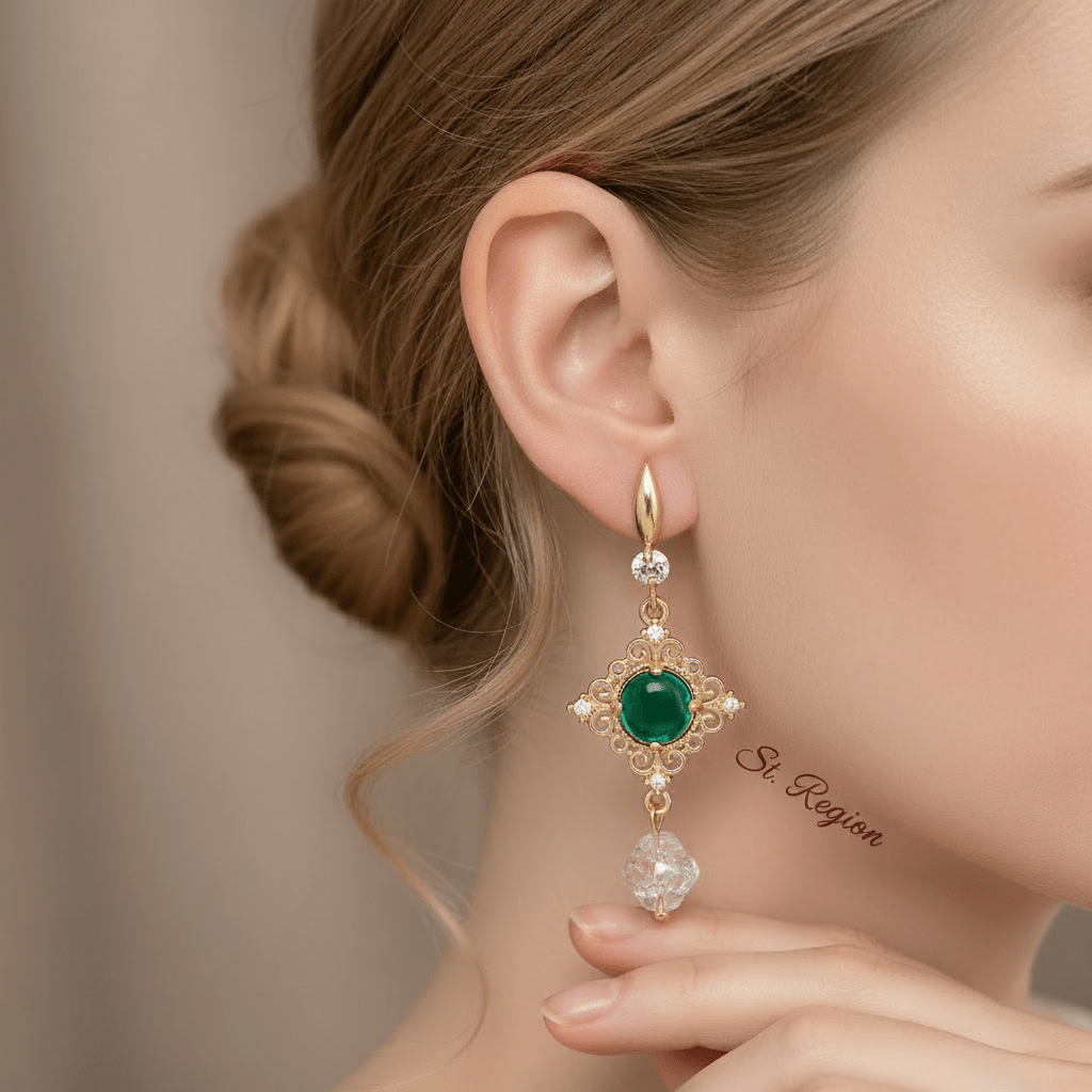 Green Quartz & Crystal Cubic Zirconia Goldtone Rhombus Hook Earrings