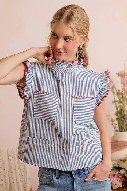SO ME Stripe Twill Stitch Ruffled Hidden Button Vest Top