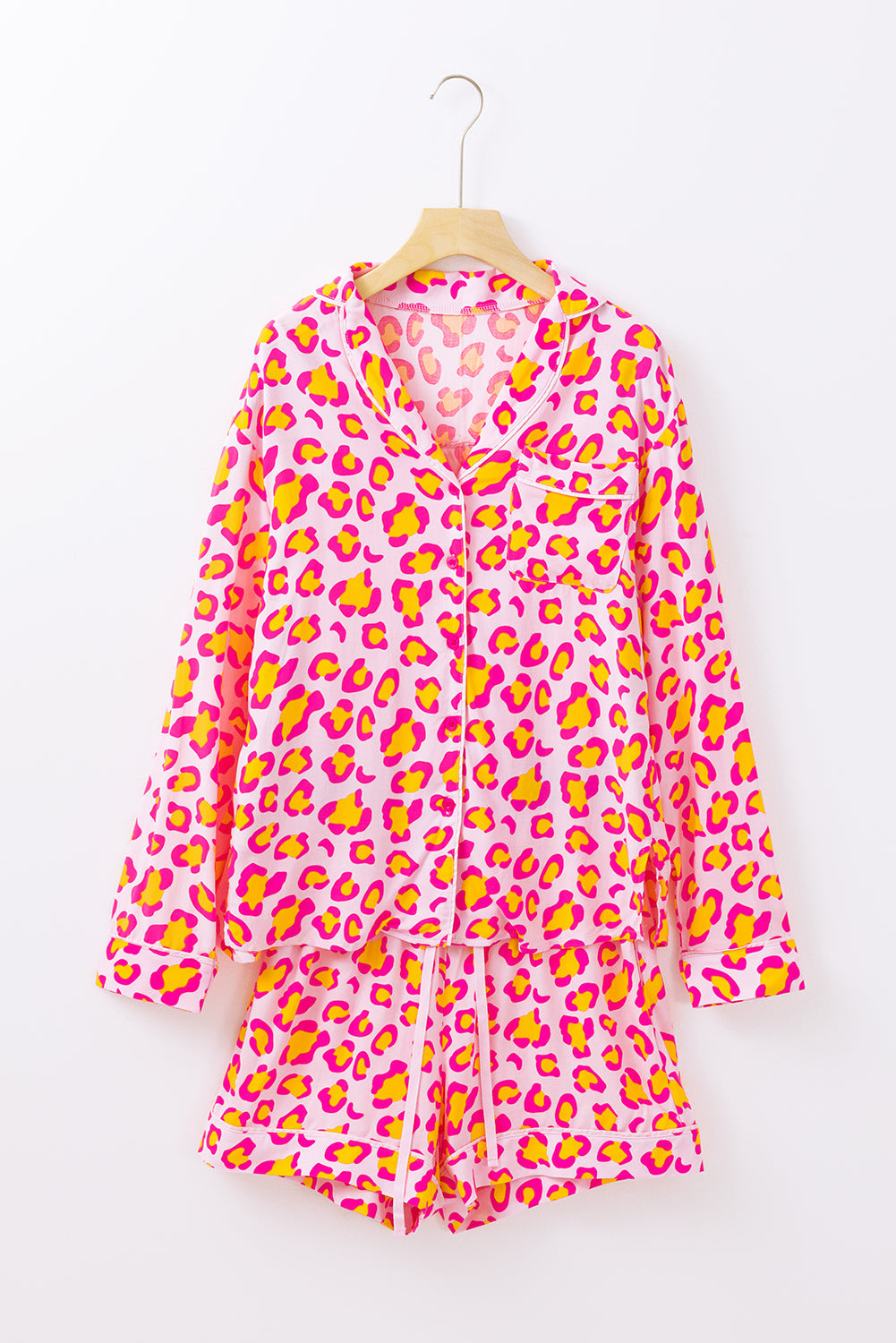 Threaded Pear Leopard Long Sleeve Shirt and Shorts Pajama Set