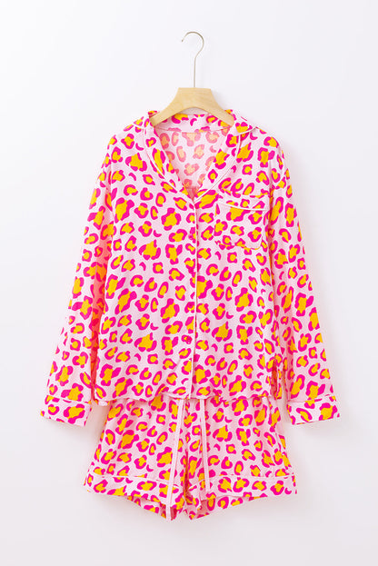 Threaded Pear Leopard Long Sleeve Shirt and Shorts Pajama Set