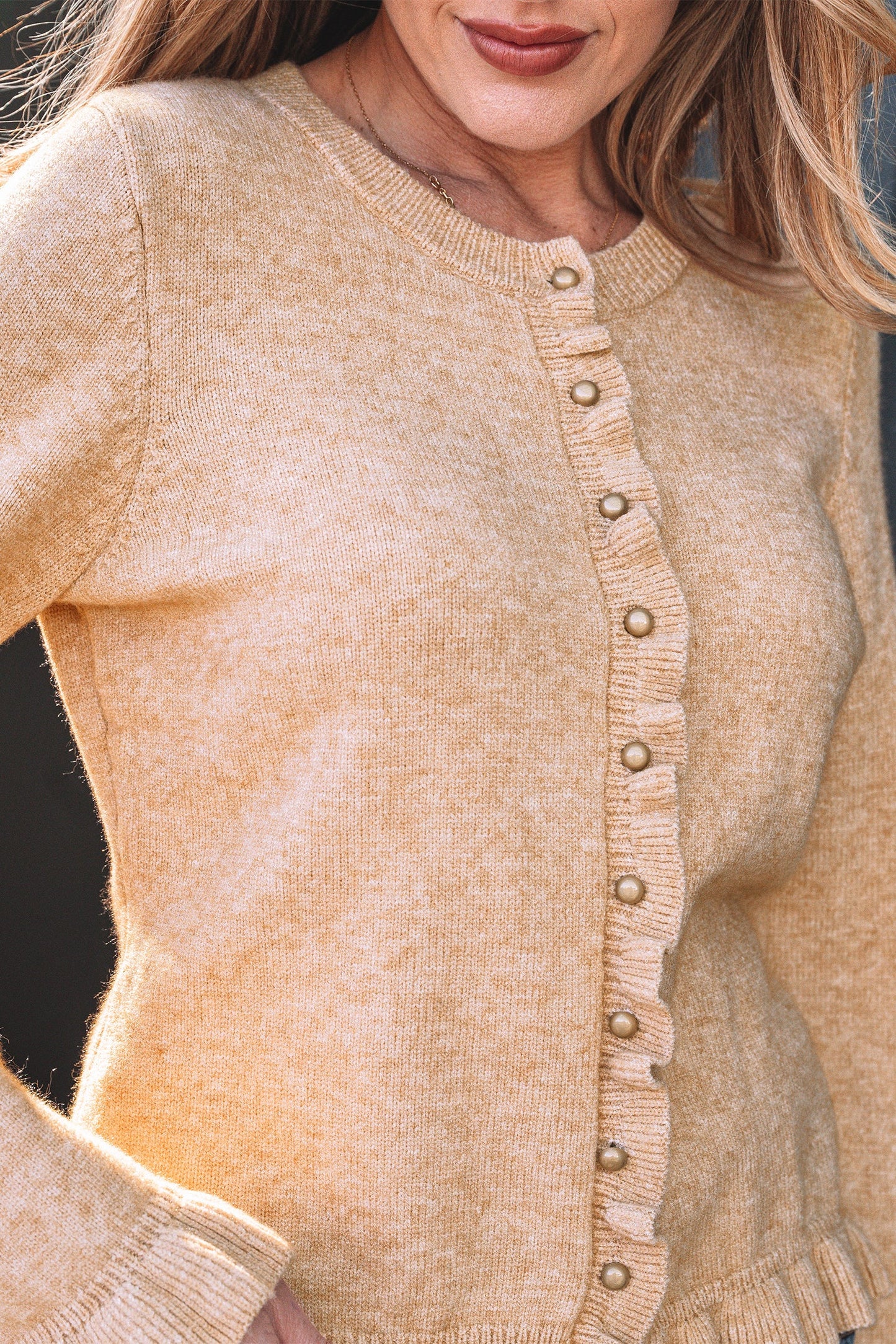Threaded Pear Yamileth Oatmeal Ruffle Trim Sweater