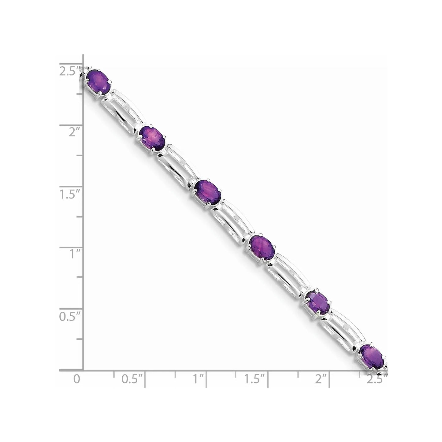 Oval Purple Amethyst Prong Rhodium Plated Sterling Silver Bar Link Bracelet