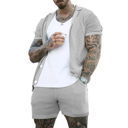 Men's Summer Cool Hole Cloth Lapel Short Sleeve Shorts Suit